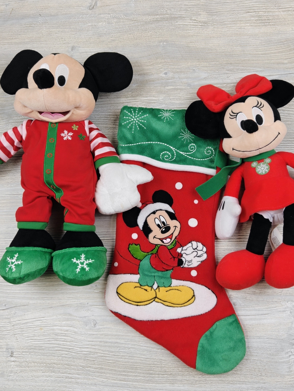 Disney Christmas Decor Lot – Mickey & Minnie Plush + Mickey Stocking Bundle
